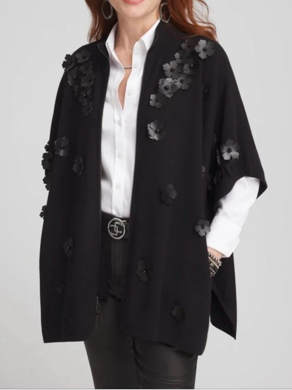 Chico's Black Floral Patch Applique Knit Cape Size S/M zipper up